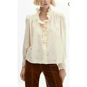 MANGO Women's Open Work Ruffle Detail Shirt Blouse Clara Bohemian‎ Cream Size 8